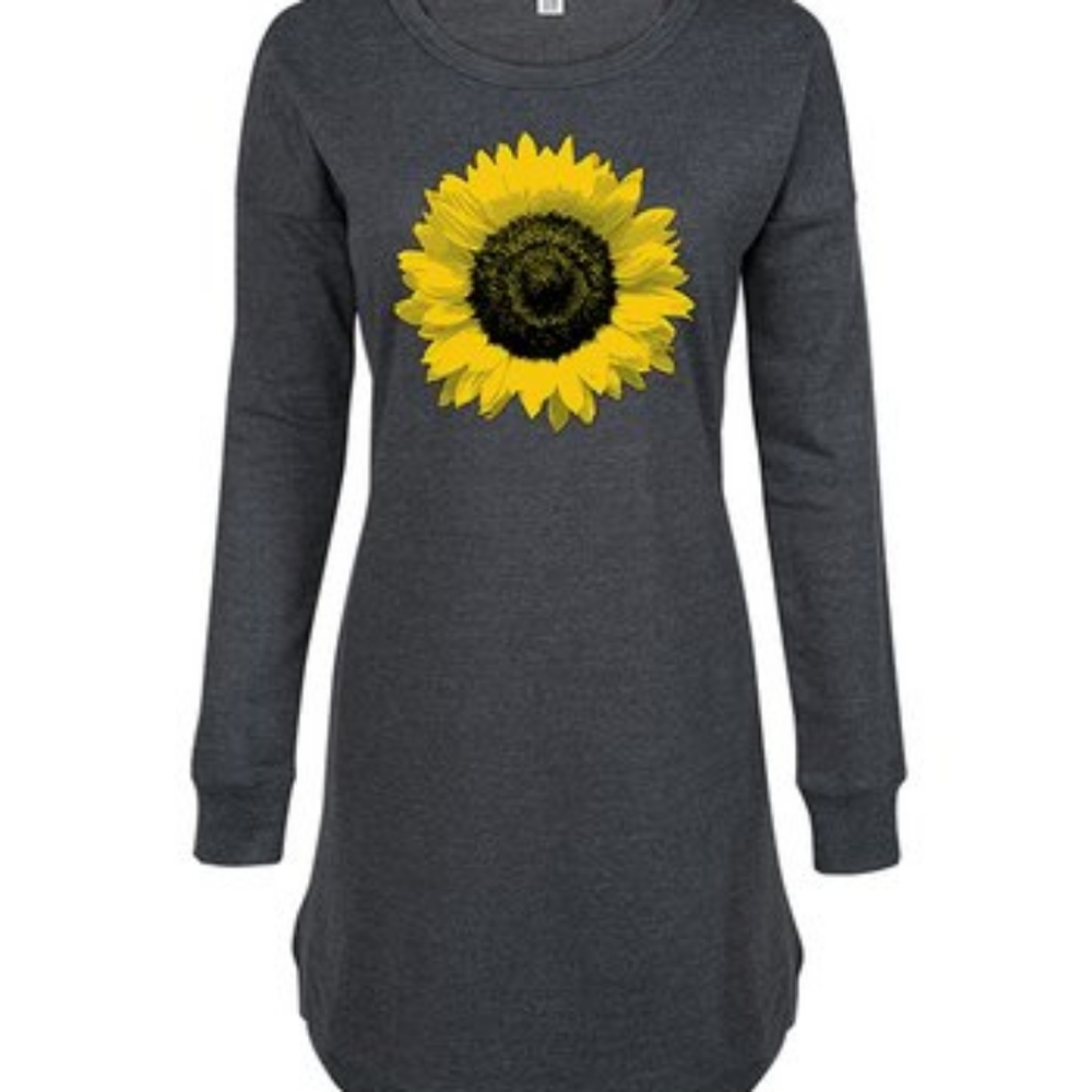 Charcoal French Terry Dress with Sunflower